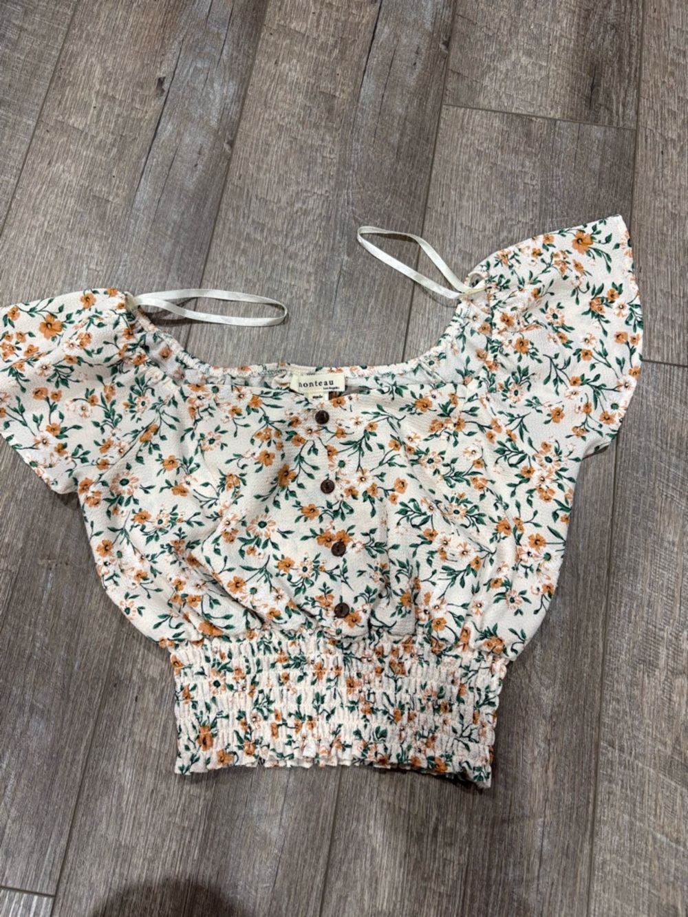 Monteau Cream Floral Smocked Crop Top with Orange Blossoms